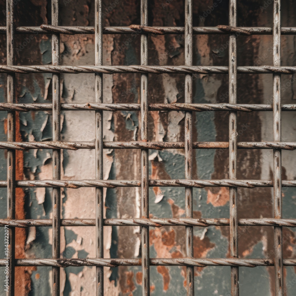 The image presents a close-up view of an old, rusted metal grate that features a square mesh pattern. Surrounding this grate is a door with peeling paint showing layers of green and red colors. The image presents a close-up view of an old, rusted metal grate that features a square mesh pattern. Surrounding this grate is a door with peeling paint showing layers of green and red colors.