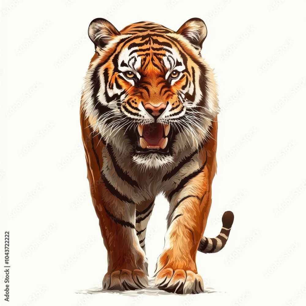 Obraz premium Fierce tiger walking, showcasing strength and majesty, white isolated background.