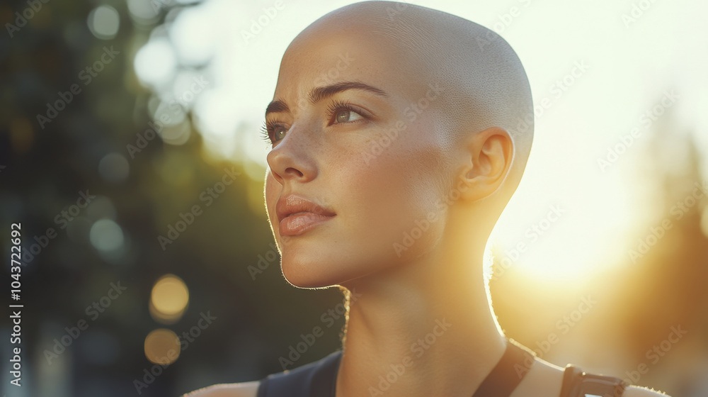 confident bald woman gazes thoughtfully into distance, illuminated by warm glow of sunset. Her serene expression captures moment of reflection and strength confident bald woman gazes thoughtfully into distance, illuminated by warm glow of sunset. Her serene expression captures moment of reflection and strength