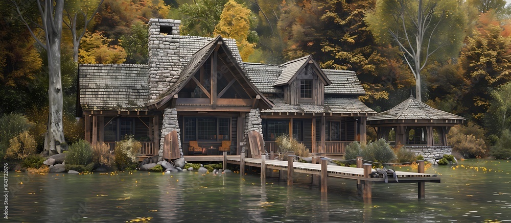 A rustic lake house with wooden exterior stone chimney and a large dock ...