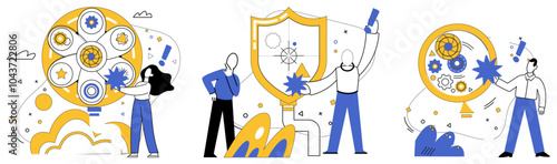 Product development vector illustration. Production is factory where assembly line ideas crafts masterpiece product development Project management is map plotting course through unexplored territories