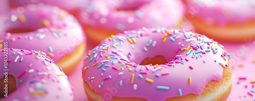 Colorful doughnuts with pink glaze and vibrant sprinkles on top, close-up, pastel background, 3D rendering, photo