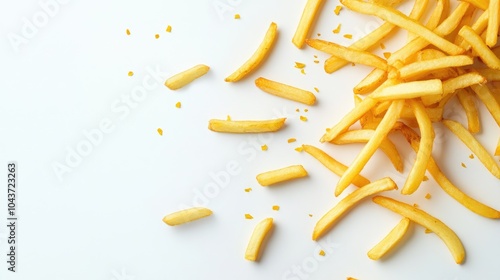 A cascade of golden fries against a white backdrop with a blurred background effect photo