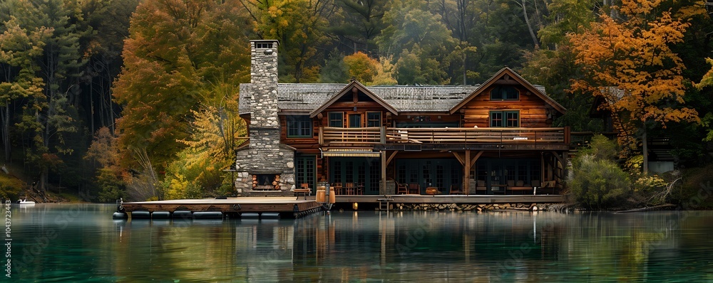 Obraz premium A rustic lake house with wooden exterior stone chimney and a large dock extending into the water Surrounded by dense forest and autumn colors