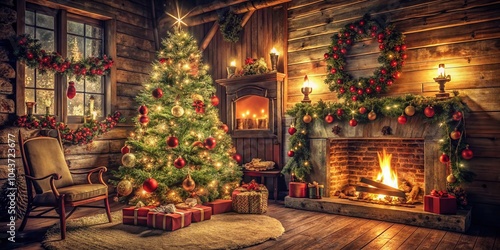 Vintage Christmas Celebration with Warm Lights, Festive Decor, and Cozy Atmosphere for Seasonal Cheer