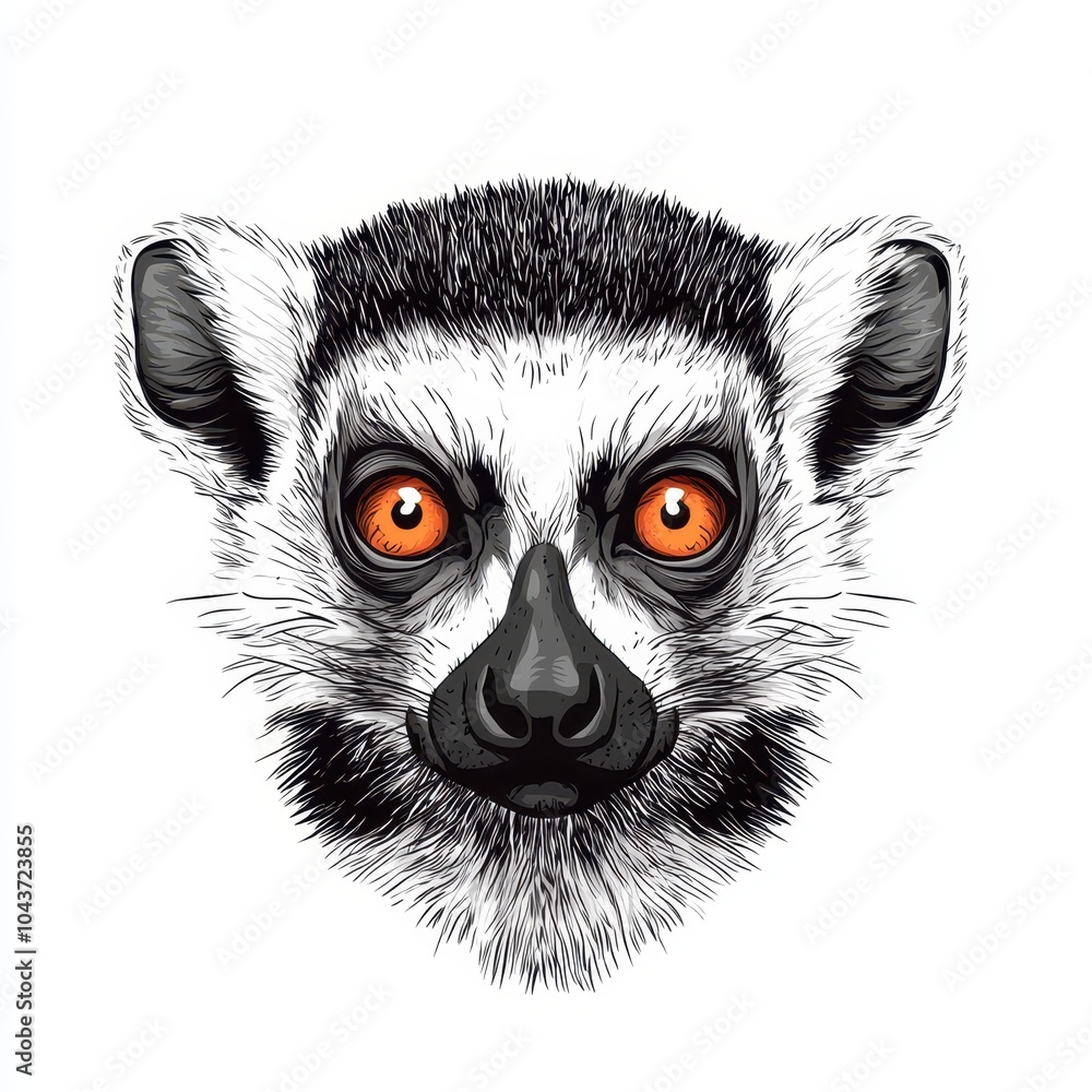 Lemur head illustration with stark features on a white isolated background. Lemur head illustration with stark features on a white isolated background.