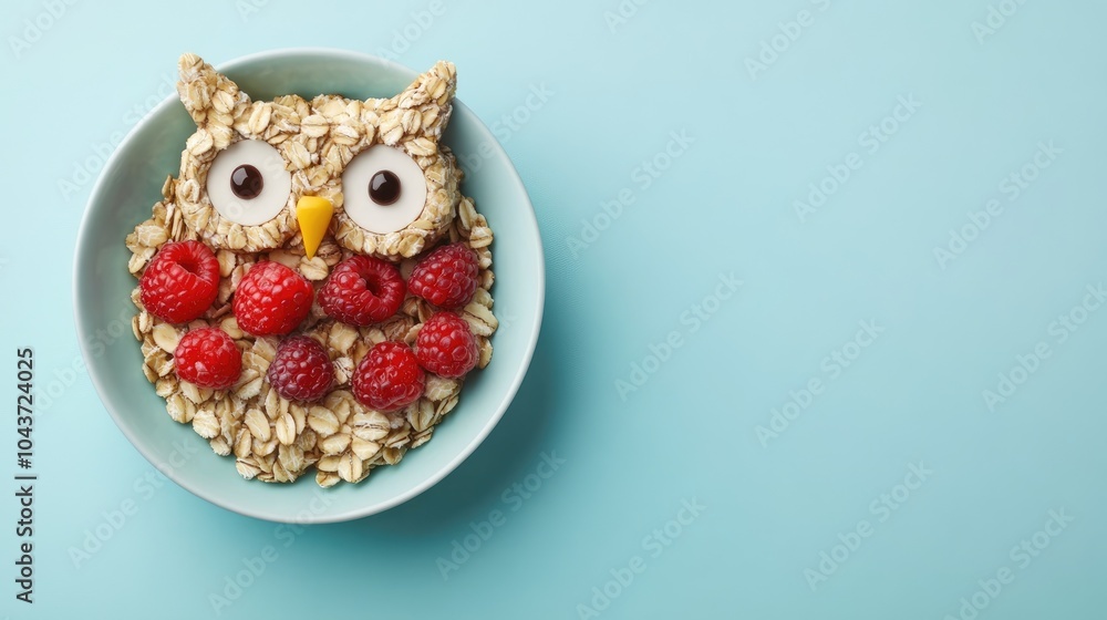 Owl shaped oatmeal with berries on a light blue pastel background ideal for a healthy children s breakfast Top view with ample space for sharing a recipe Owl shaped oatmeal with berries on a light blue pastel background ideal for a healthy children s breakfast Top view with ample space for sharing a recipe