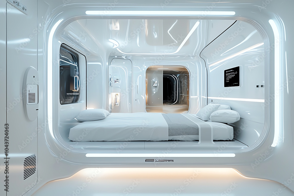 Fototapeta premium Futuristic sleek bedroom design featuring innovative high-tech storage solutions for modern living spaces