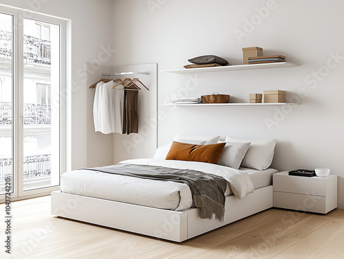 Cozy small urban bedroom featuring wall-mounted shelving for efficient space utilization and stylish storage solutions
