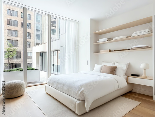 Modern small urban bedroom design featuring wall-mounted shelving and natural light in a contemporary apartment setting