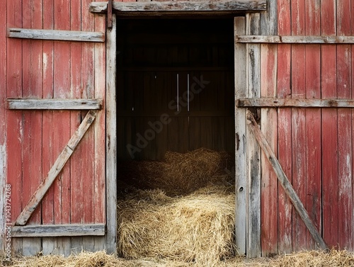 Red Wooden Barn Door with Straw Hay in Countryside Scenery photo