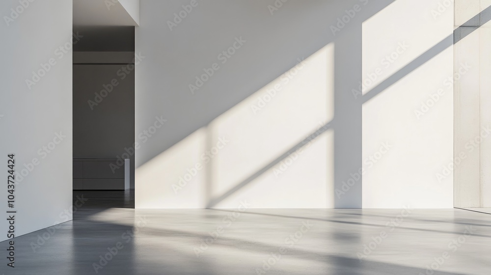 Abstract composition featuring soft shades and subtle light lines creating a play of lights and shadows on a white wall in a minimalist space Abstract composition featuring soft shades and subtle light lines creating a play of lights and shadows on a white wall in a minimalist space