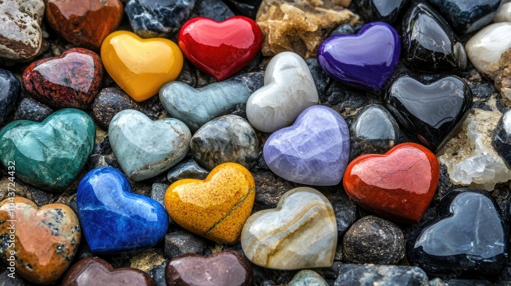 A variety of colorful heart shaped stones and minerals on a natural backdrop A variety of colorful heart shaped stones and minerals on a natural backdrop