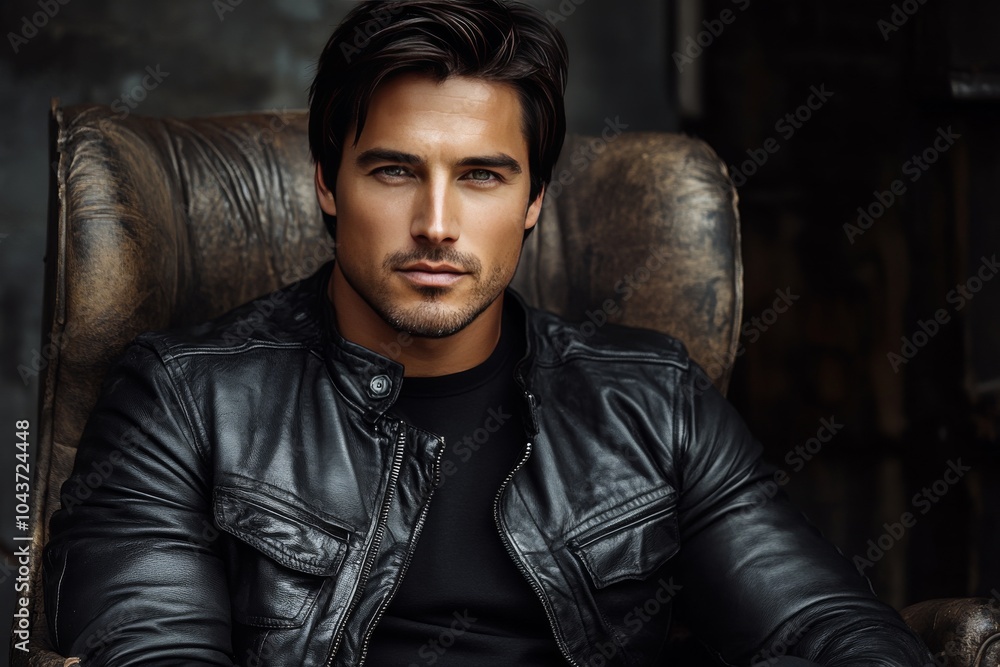 Man in a black leather jacket seated in a leather chair exuding confidence rugged masculinity and timeless style in a sleek modern setting with dramatic lighting Man in a black leather jacket seated in a leather chair exuding confidence rugged masculinity and timeless style in a sleek modern setting with dramatic lighting