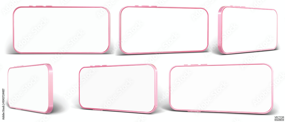 3D Horizontal smartphone mockup with white screen. Pink mobile phone isolated on white background. Landscape phone. 3d vector illustration 3D Horizontal smartphone mockup with white screen. Pink mobile phone isolated on white background. Landscape phone. 3d vector illustration
