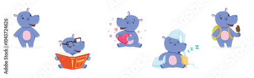 Cute Baby Purple Behemoth Character in Action Vector Set