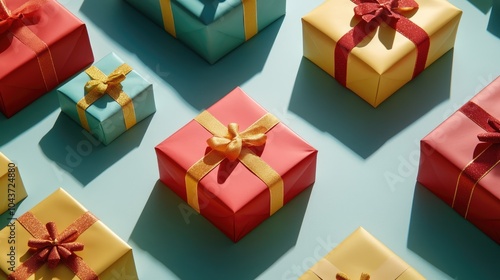 Vibrantly wrapped presents displayed on a light background for a festive celebration