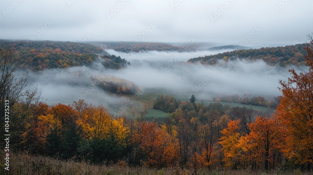 A misty autumn morning with fog rolling over the hills, showcasing the colors of fall. A misty autumn morning with fog rolling over the hills, showcasing the colors of fall.
