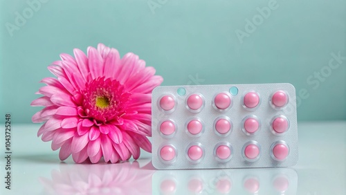 Contraceptive Pills with Pink Flower on a White Background: Family Planning Concept Featuring White and Red Round Tablets in Blister Pack with Copy Space photo