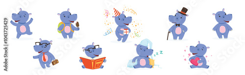 Cute Baby Purple Behemoth Character in Action Vector Set