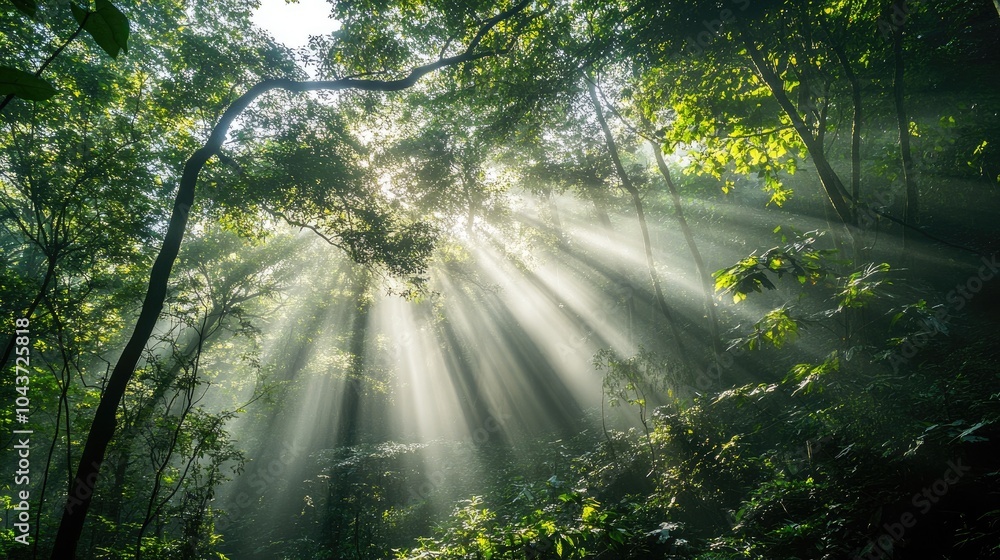 Sunlight streams through a dense forest canopy on a hillside Sunlight streams through a dense forest canopy on a hillside