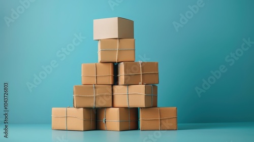 Stacked cardboard boxes on a teal background, representing logistics and shipping. photo