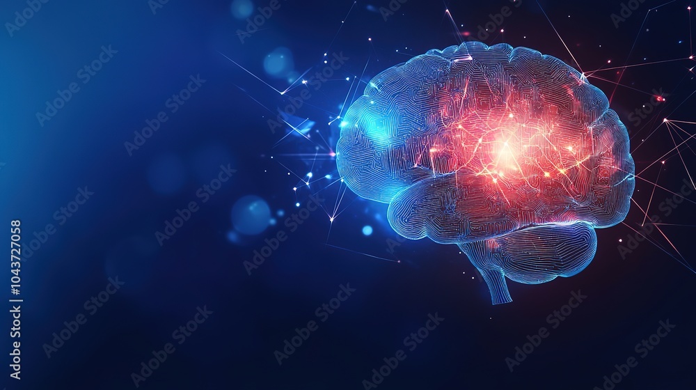 Big data and artificial intelligence concept. Human brain glowing from processor, symbolizing the fusion of human intelligence and machine learning capabilities. Evolution of technology of data Big data and artificial intelligence concept. Human brain glowing from processor, symbolizing the fusion of human intelligence and machine learning capabilities. Evolution of technology of data