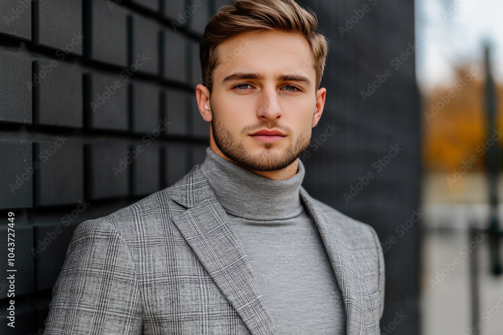 Man in a gray checkered blazer standing confidently against a modern black wall merging professional elegance with a minimalist aesthetic in a sleek urban business setting Man in a gray checkered blazer standing confidently against a modern black wall merging professional elegance with a minimalist aesthetic in a sleek urban business setting