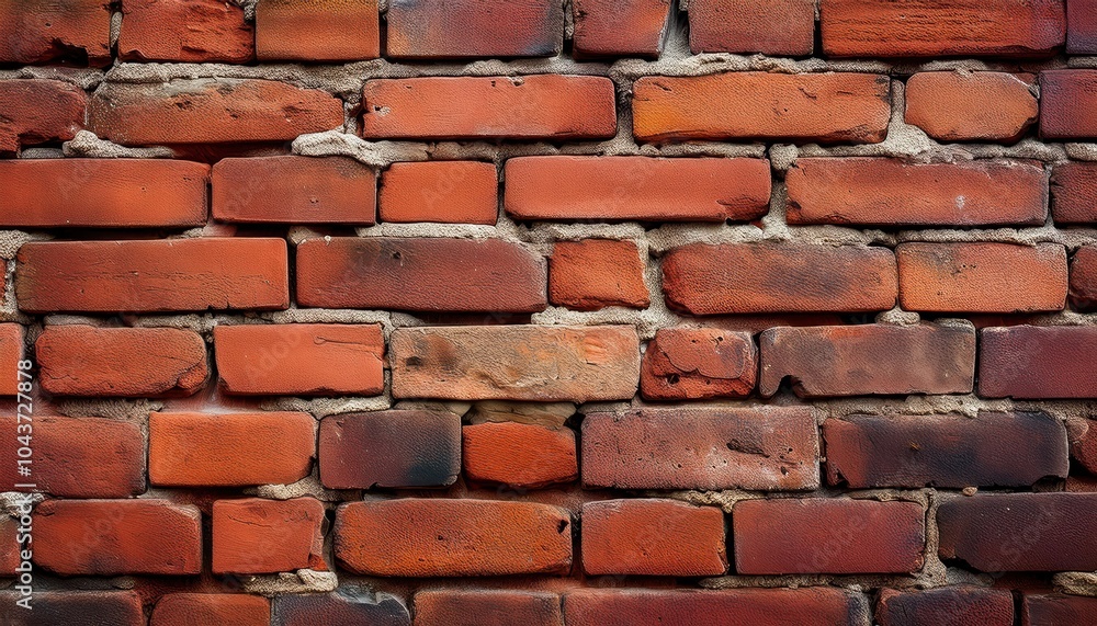 Obraz premium Close-up of an Aged and Weathered Red Brick Wall with Cracks, Erosion, and Uneven Brickwork. Ideal for Concepts of Urban Decay, Historical Architecture, and Industrial Texture Backgrounds