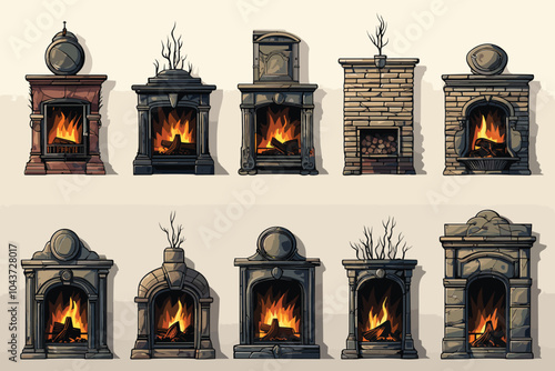 Different kinds of fireplaces cartoon icons in set collection for design. Fireplaces construction bitmap symbol stock web illustration.