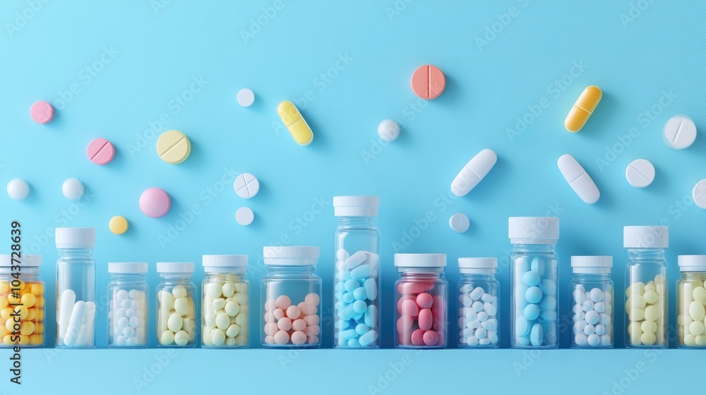 Vertical arrangement of medicine jars and pills on a blue backdrop ideal for pharmaceutical related designs Vertical arrangement of medicine jars and pills on a blue backdrop ideal for pharmaceutical related designs
