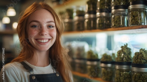 A woman with red hair stands in front of a shelf of marijuana jars
