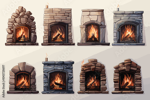 Different kinds of fireplaces cartoon icons in set collection for design. Fireplaces construction bitmap symbol stock web illustration.