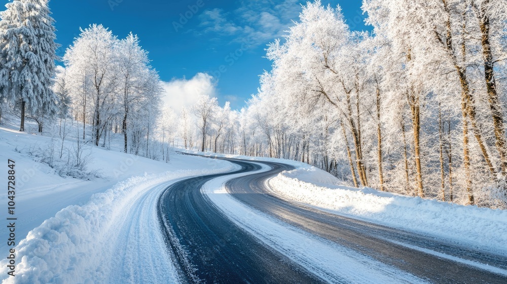 Winding snowy road through a winter forest landscape lined with frosty trees beneath a bright blue sky