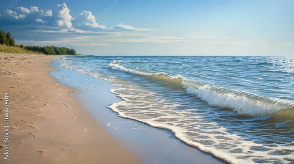 Obraz premium Gentle waves caressed the sandy shore creating a serene summer backdrop