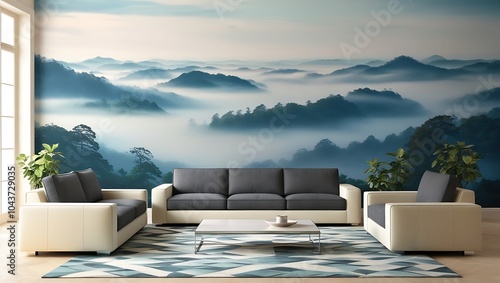 Trendy living room with colorful wallpaper and luxurious design