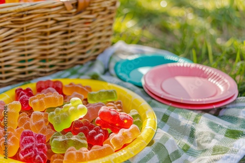 Colorful gummy bears on picnic blanket with basket and plates photo