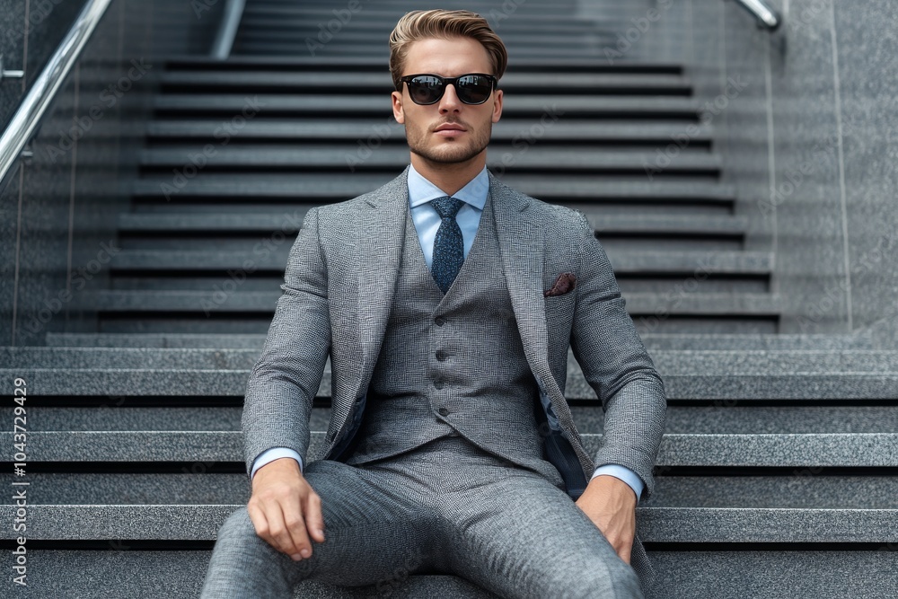 Businessman in a three piece gray suit sitting confidently on stairs wearing sunglasses exuding professionalism and corporate authority in a sleek urban environment Businessman in a three piece gray suit sitting confidently on stairs wearing sunglasses exuding professionalism and corporate authority in a sleek urban environment