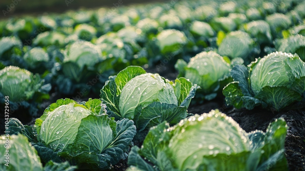 Rows of fresh white cabbage in a farmer s field glistening with water droplets following a rainfall Rows of fresh white cabbage in a farmer s field glistening with water droplets following a rainfall
