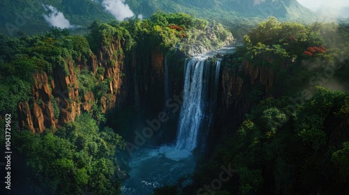 Aerial perspective of a waterfall flowing over rugged cliffs enveloped by vibrant lush vegetation