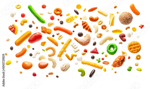 collection of junk food falling  on transparent background