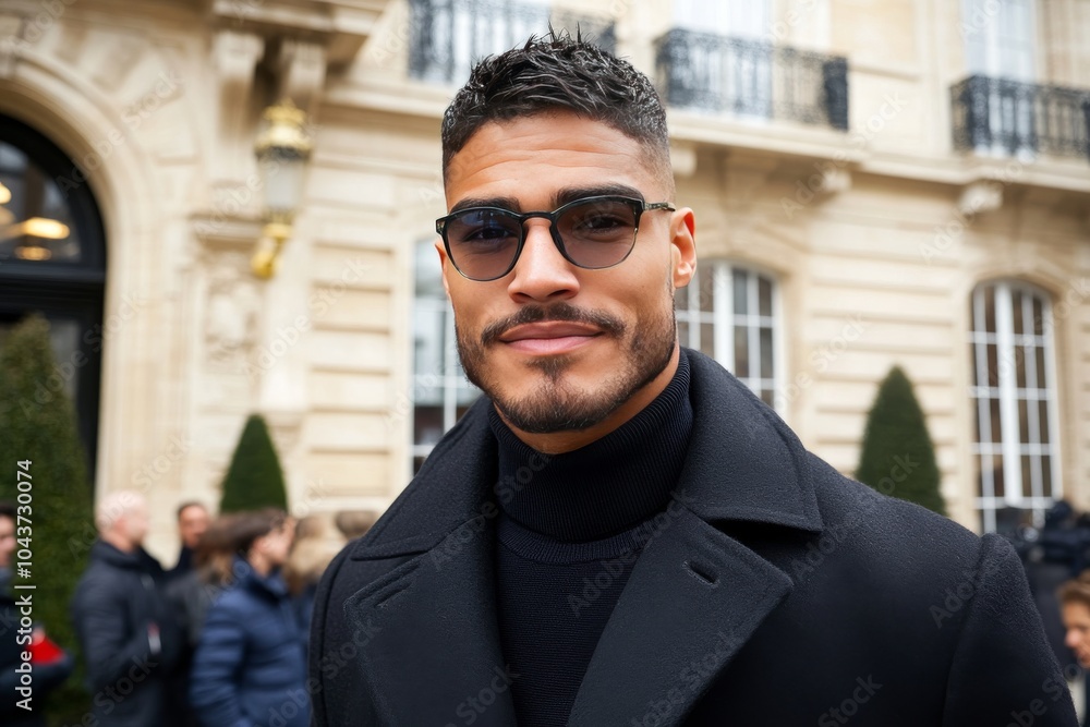 Man in a tailored dark gray overcoat wearing sunglasses standing in front of a grand building in a European city exuding luxury style and confidence Man in a tailored dark gray overcoat wearing sunglasses standing in front of a grand building in a European city exuding luxury style and confidence