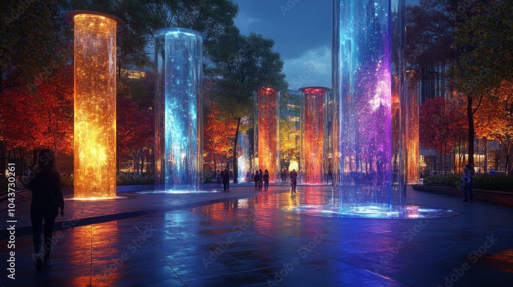 Fototapeta premium Visitors stroll through a vibrant urban park featuring tall illuminated fountains in shades of blue, orange, and purple, surrounded by colorful autumn foliage.