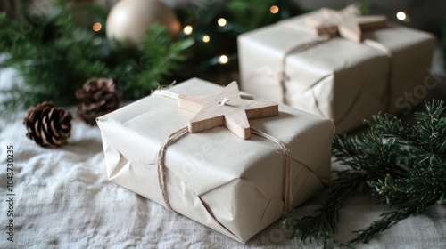 Eco friendly Christmas presents wrapped in natural paper featuring wooden star ornaments for a sustainable holiday celebration