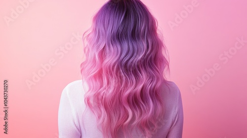 Back view of wavy long hair featuring a pastel ombre blend of violet and pink hues