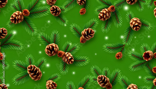 Green Christmas seamless pattern for festival background design. Winter sale fair branding. New Year seasonal celebration greeting card. Pine cone xmas branches with leaves isolated fir on green col photo