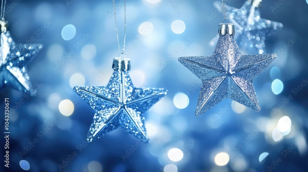Blue background adorned with shimmering Christmas stars Blue background adorned with shimmering Christmas stars