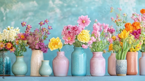 Wallpaper Mural Vibrant spring blooms arranged in ceramic vases against a bright backdrop Torontodigital.ca