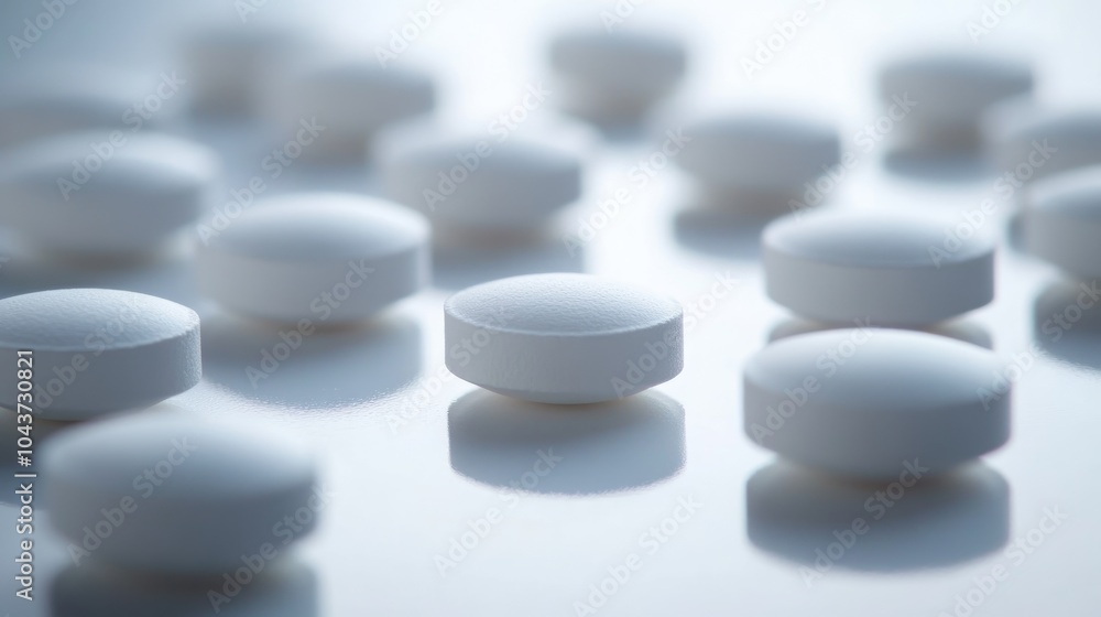 Capture the essence of pharmaceutical tablets with soft diffused lighting against a clean white background featuring multiple tablets Capture the essence of pharmaceutical tablets with soft diffused lighting against a clean white background featuring multiple tablets
