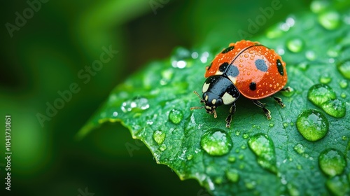 Elegant ladybug resting on a vibrant green leaf adorned with sparkling dew drops